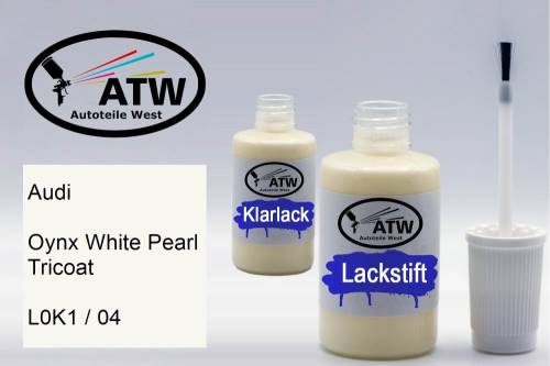 Audi, Oynx White Pearl Tricoat, L0K1 / 04: 20ml Lackstift + 20ml Klarlack - Set, von ATW Autoteile West.